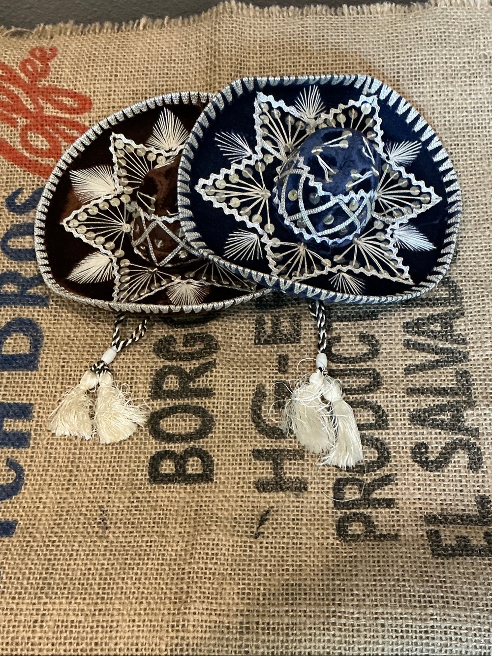 2 vintage Handcrafted Mini Sombrero Duo - Navy and Brown with White Embroidery